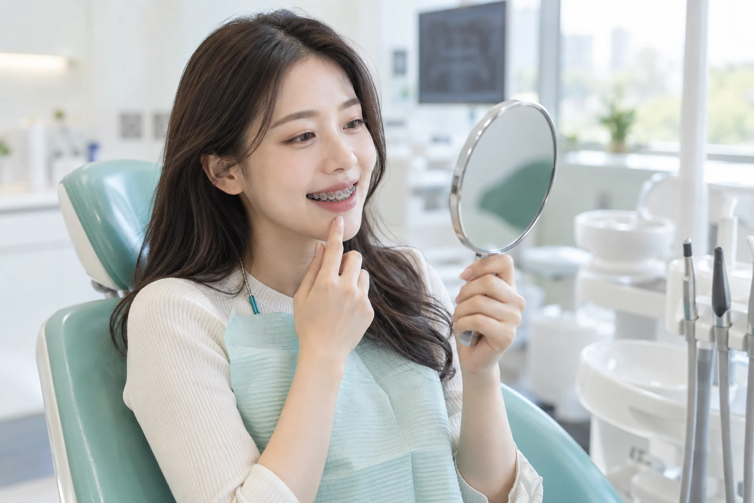 밝은 치과 접수 데스크에서 안내를 받는 모습